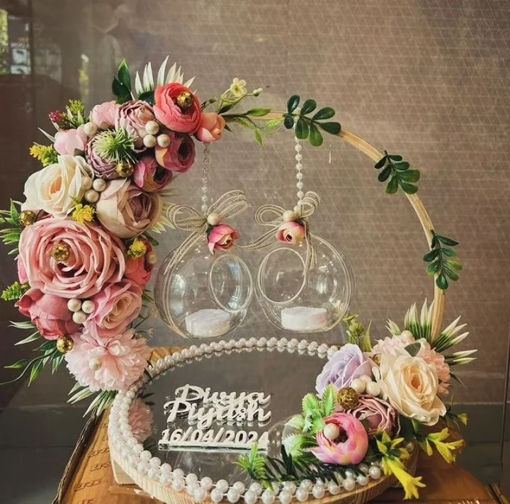 Floral ring tray prepared for an engagement ceremony