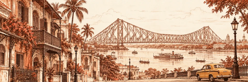 Kolkata-inspired illustration of Howrah Bridge, the Hooghly, old houses and a yellow taxi
